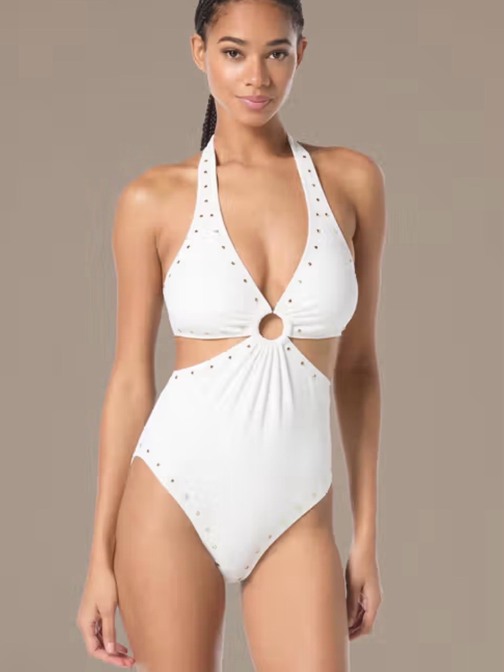 Michael Kors NWT White Studded Cutout One-Piece Swimsuit Size 12 | Gold Hardware